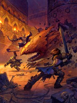A bulette attacking a band of adventurers