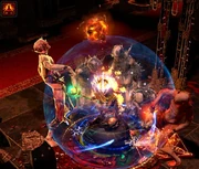 A player character surrounded by Burned Miscreations, which use Unrighteous Fire