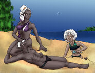 Shri'xyra at age 14 with her parents at the beach (Drawn by Jaibyrd, colored by Thalar)