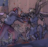 Meck fighting an enemy warrior during the Slaver Ambush