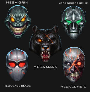 Концепт-арты последних пяти пост-релизных масок COMPLETELY OVERKILL. Обратите внимание на маску в правом нижнем углу.