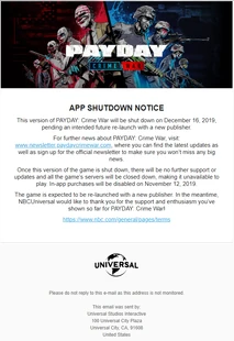 Письмо, уведомляющее игроков о закрытии