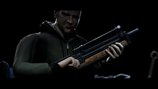 Gage handles an unscoped Lebensauger in the pack's trailer whilst doing his best Agent 47 impression.
