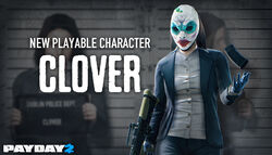 Clover wearing her mask and holding her signature rifle on the Character Pack DLC splash card.