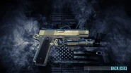 A Crosskill customized with the Vented Slide, Bling Grip (Crosskill), Combined Module gadget, a chrome and matte black material to impersonate the nickel-plated M1911 of Call of Duty: Black Ops' multiplayer.