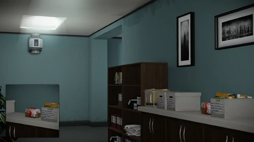 11. Next to the paper boxes and below some paintings, on the corridor behind the cashier area