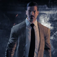 As depicted in-game without his mask.