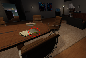 Tucked into a folder on a desk in the "Jade Room". This is the same room where the safe can spawn.