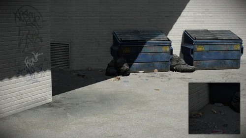 1. In between the blue garbage bin, the ventilation vent, and the trash bags located on the parking lot