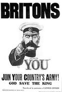 1914 Military recruitment poster. Caption reads "Britons: Lord Kitchener Wants You. Join Your Country's Army! God save the King."
