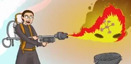 Cartoon of Secretary barbequing cubed ham with her flamethrower[1]