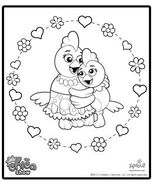 Chica hugging Mrs. C with hearts and flowers surrounding them.