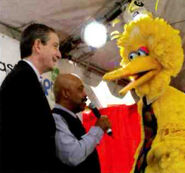 Big Bird and Gordon at the Sprout launch party with Comcast's Brian Roberts.