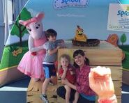 Chica, Kelly, and a costumed version of Angelina with two boys.