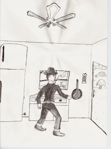 Charles explores the kitchen in Geoffrey's mansion.