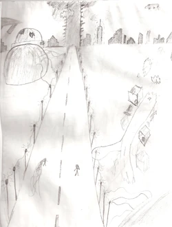 The skyline of the Capital City of Shri, seen from a distance; this was taken of present-day Shri, or 1,000 years after  rose to power. Dead center is the Crodin's capital building; to the right of that is ' familiar tower, surrounded by two laboratory buildings.