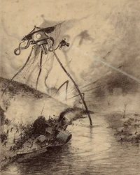 1906 illustration of a Martian tripod fighting machine.