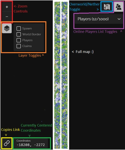 Each Dynmap control is outlined here by color.