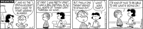 Linus starts wearing glasses in the strip from February 5, 1962.