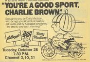 Ad for "You're a Good Sport,Charlie Brown" which is sponsored by Dolly Madison and Kellogg's