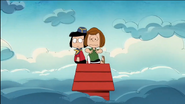 Peppermint Patty is shocked to see Snoopy the pilot falls off the sky as Marcie watches him fall