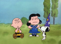 Snoopy takes revenge on Lucy by making her float magically for pulling the football away from Charlie Brown