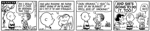 Linus finds out that his grandmother is prepared to give up smoking in the strip from August 28, 1967.