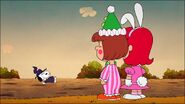 Patty and Little Red Haired Girl are laughing at Snoopy after mishap with big pumpkin