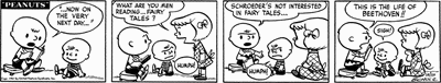 Charlie Brown reads the story of Beethoven's life to the young Schroeder. Strip from October 10, 1951.