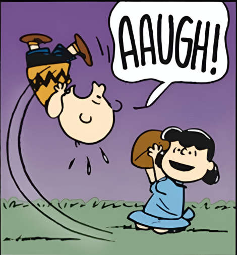 Lucy van Pelt makes Charlie Brown trip by removing the football at the last moment in comical fashion