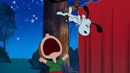 Peppermint Patty screams Aaugh! when she realizes Snoopy is on top of her head