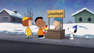 Franklin looked puzzled about the frozen lemonade in Linus' lemonade stand