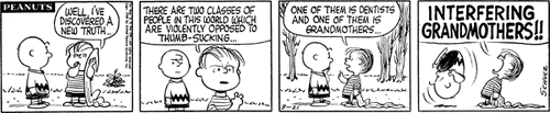 Linus first mentions the difficulties he has with his grandmother in the strip from March 21, 1960.