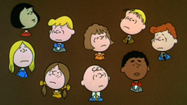 Charlie Brown and the other kids at the spelling bee