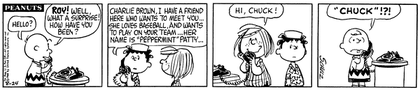 Peppermint Patty calls Charlie Brown "Chuck" for the first time in the strip from August 24, 1966.