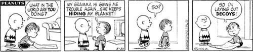 Linus tries to prevent his grandmother from taking his blanket in the strip from March 22, 1960.