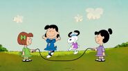 Patty, Violet, Lucy and Snoopy are jumping rope together