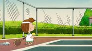 Peppermint Patty as a tennis player ready to serve the ball to Snoopy