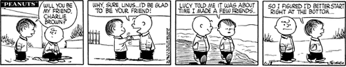 Linus asks Charlie Brown to be his friend in the strip from January 18, 1956.