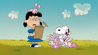 Lucy checks the list that Snoopy caught bunnies while cuddling them