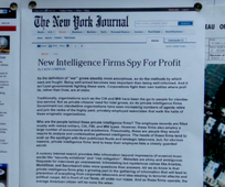 Article about private intelligence firms on Donnelly's evidence wall. Written by Cady Compson (“Prisoner's Dilemma”)