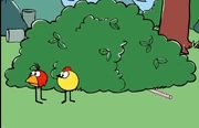 Peep and Chirp standing next to Quack's bush with a straw poking through.