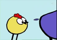 Peep looking at Quack's feather