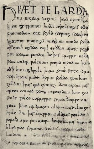 first page of Beowulf (written in accentual verse). Courtesy Wikimedia Commons.