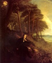 A Romantic painting of Keats sitting near a wood on elevated land. It is evening and the full moon appears above the wood while fading daylight illuminates a distant landscape. Keats appears to turn suddenly from the book he has been reading, towards the trees where a nightingale is silhouetted against the moon.