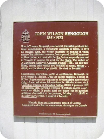 John Wilson Bengough 1851-1923 plaque, Toronto. Photo by Alan M. Brown. Reprinted from torontoPlaques.com'.
