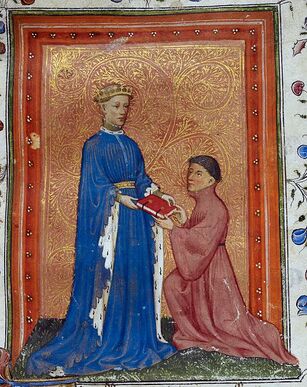 Henry, Prince of Wales, presenting this book to John Mowbray. Thomas Hoccleve, Regement of Princes, London, c. 1411-1413, Arundel 38, f. 37detail