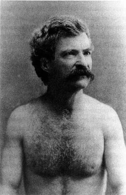 Mark Twain shirtless, circa 1883. Photo courtesy Bancroft Library and Wikimedia Commons.