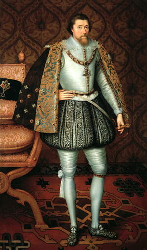 King James I of England (1567-1625). Portrait attributed to John de Critz (1531-1642), circa 1605. Courtesy Wikimedia Commons.