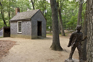 Thoreau's cabin replica and statue